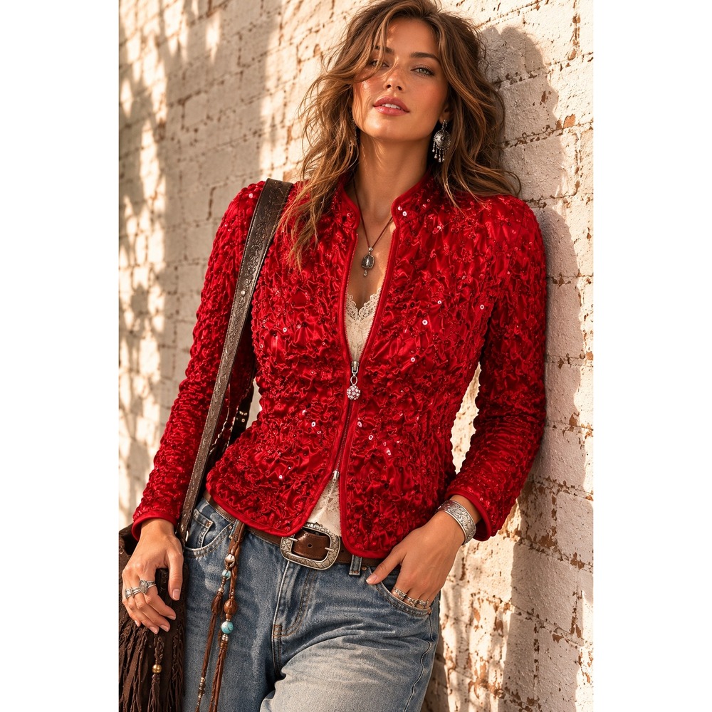 Vintage J.B.S. Ltd Red Ruched Beaded Sequin Zip Up Jacket Party Glam Y2K Small